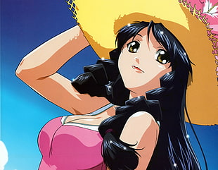 female anime character with black hair and yellow hat