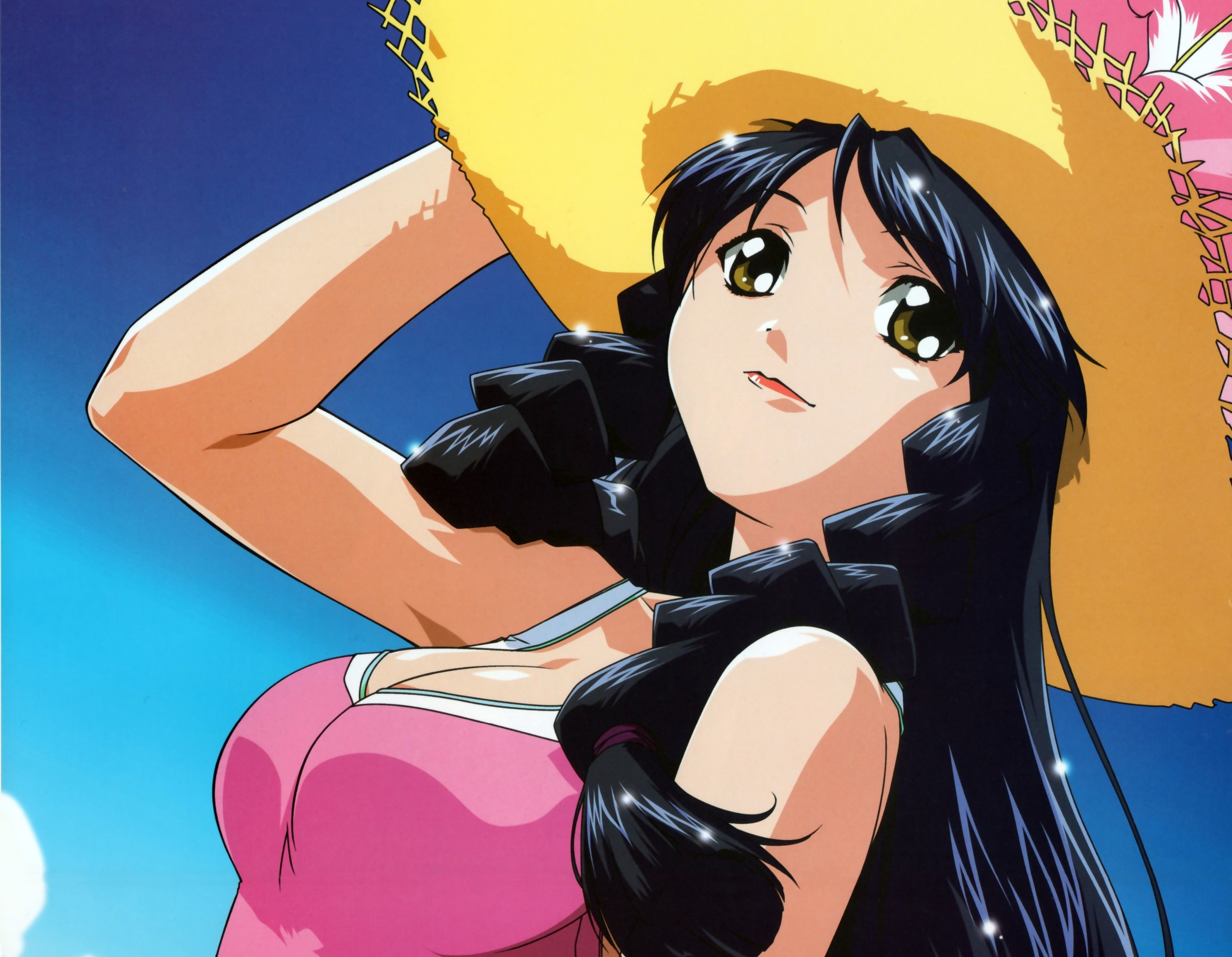 female anime character with black hair and yellow hat