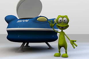 green animated alien near blue UFO