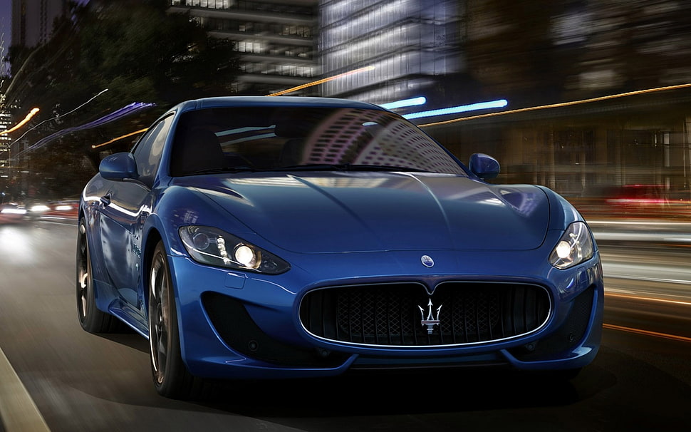 time lapse photography of blue Maserati GranTurismo coupe HD wallpaper