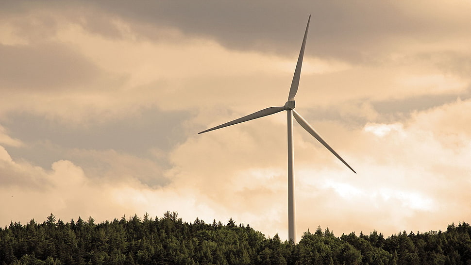 white windmill, wind turbine, clouds HD wallpaper