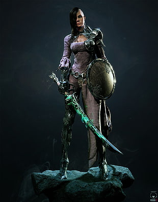 woman holding sword and shield digital wallpaper