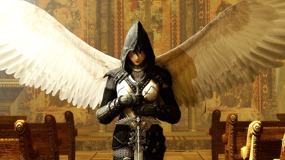 black and white armor dressed 3D character with wings HD wallpaper