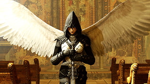 black and white armor dressed 3D character with wings