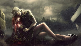 illustration photo of man and woman during rainy day HD wallpaper