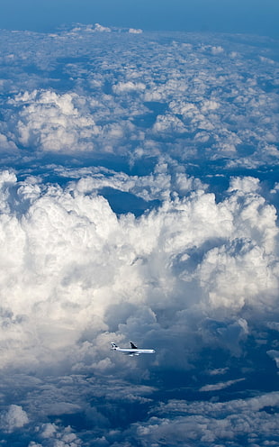 white plane, aircraft, clouds, sky, Airbus A340