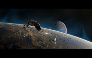 black spaceship above planet movie screenshot
