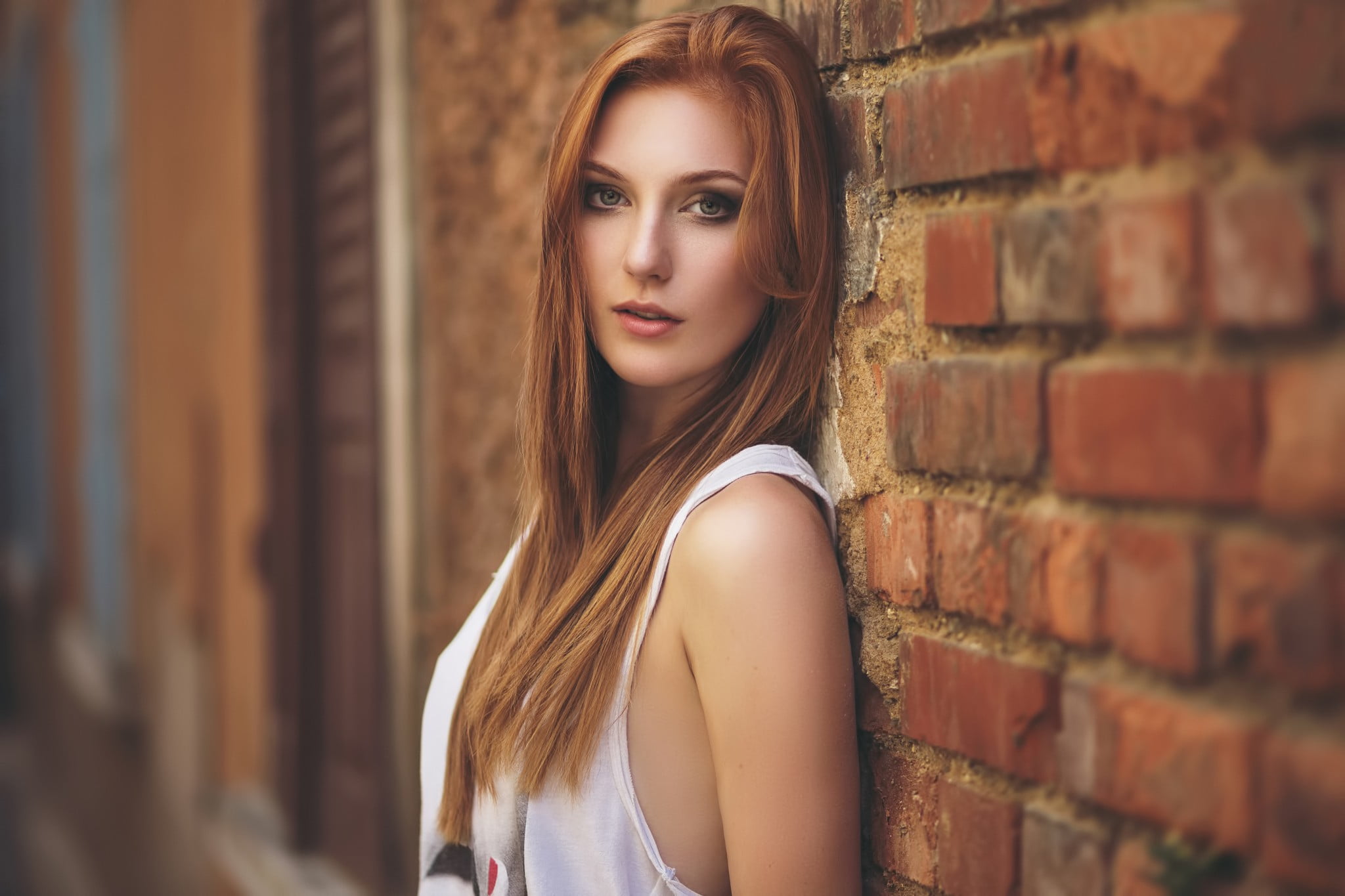 women's white tank top, women, model, redhead, face