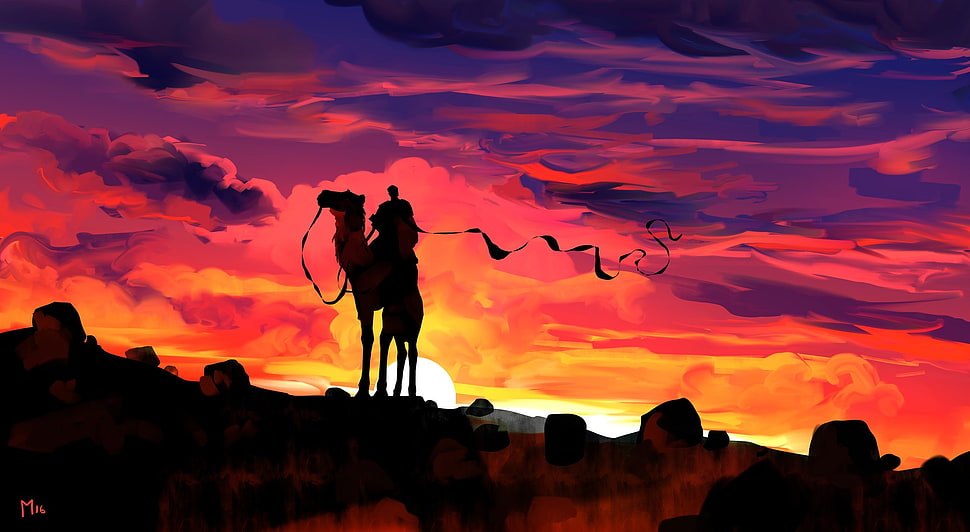 person riding on camel painting, illustration, fantasy art, sunset, artwork HD wallpaper