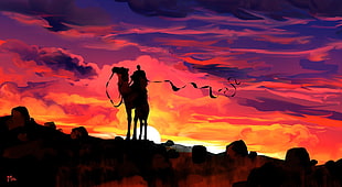 person riding on camel painting, illustration, fantasy art, sunset, artwork