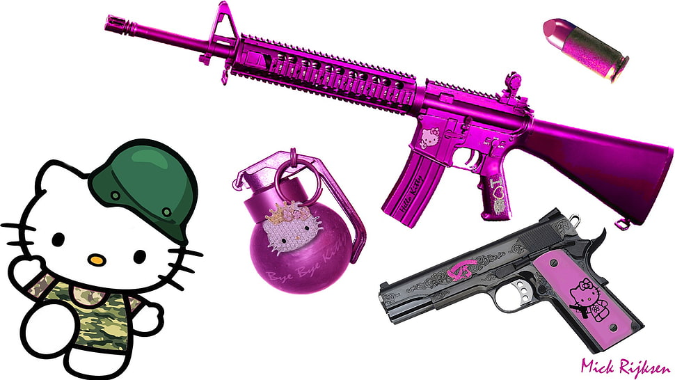 pink Hello Kitty M16 rifle and pistol, Hello Kitty, ammunition, army, pistol HD wallpaper