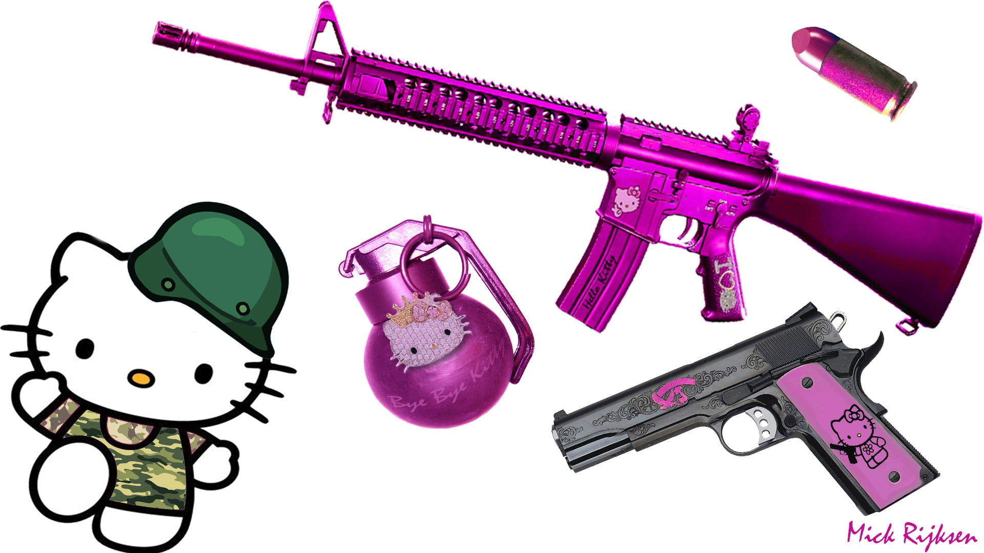 pink Hello Kitty M16 rifle and pistol, Hello Kitty, ammunition, army, pistol