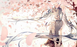 female character under cherry blossoms illustration, Hatsune Miku, Vocaloid, cherry blossom