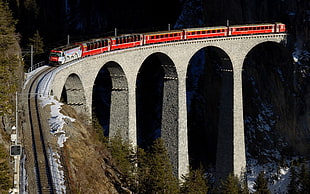 red train, train, railway, bridge, Switzerland HD wallpaper