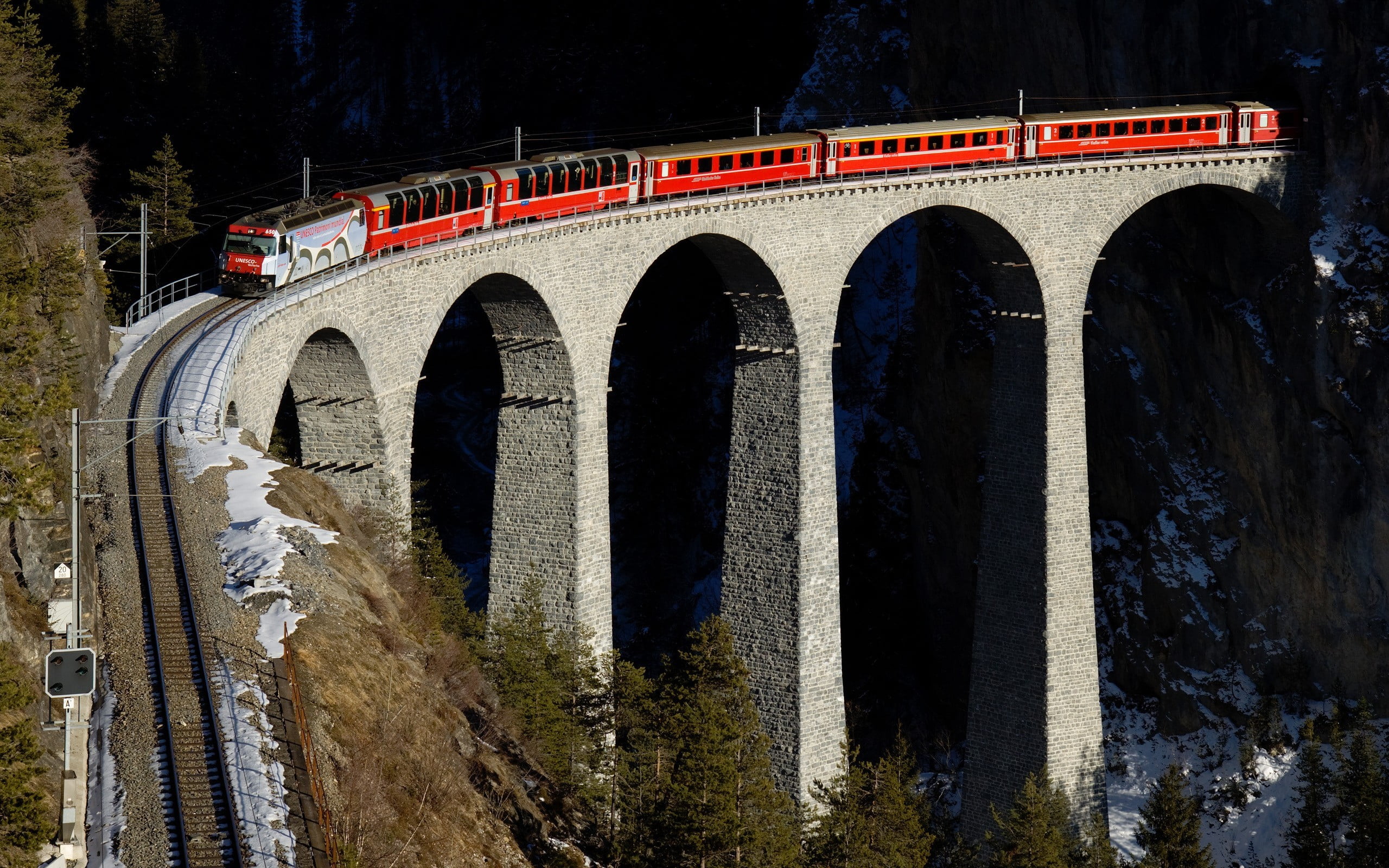 red train, train, railway, bridge, Switzerland