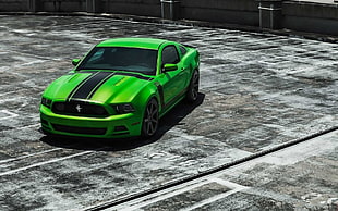 green and black Ford Mustang GT coupe, Ford Mustang, green cars, concrete, contrast