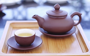 brown clay teapot beside bowl and saucer HD wallpaper