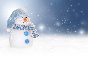 snowman wearing blue bobble hat in winter season