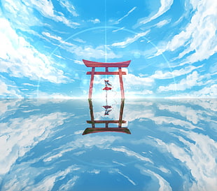 white and blue clouds, anime, Touhou, Hakurei Reimu, torii