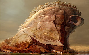 brown ram figure rock formation illustration, sea, Guild Wars 2, concept art, Daniel Dociu