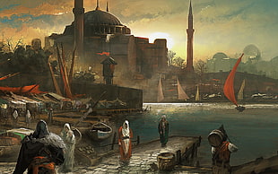 people near dock painting, Istanbul, Turkey, Assassin's Creed, Assassin's Creed: Revelations HD wallpaper