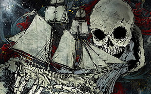 gray skeleton holding sailboat painting, drawing, boat, skull, paint splatter