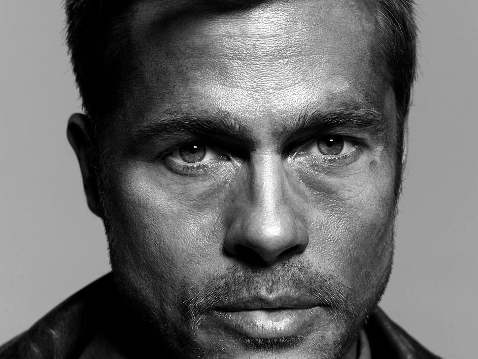 grayscale photo of Brad Pitt, Brad Pitt, actor, men, monochrome HD wallpaper