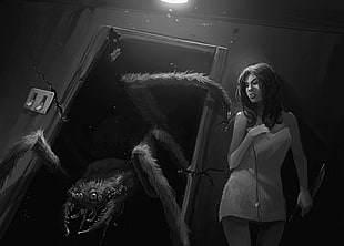 long haired woman in white strapless dress beside door with giant spider on it illustration