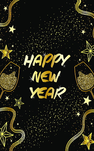 black background with happy new year text overlay, Happy New Year, portrait