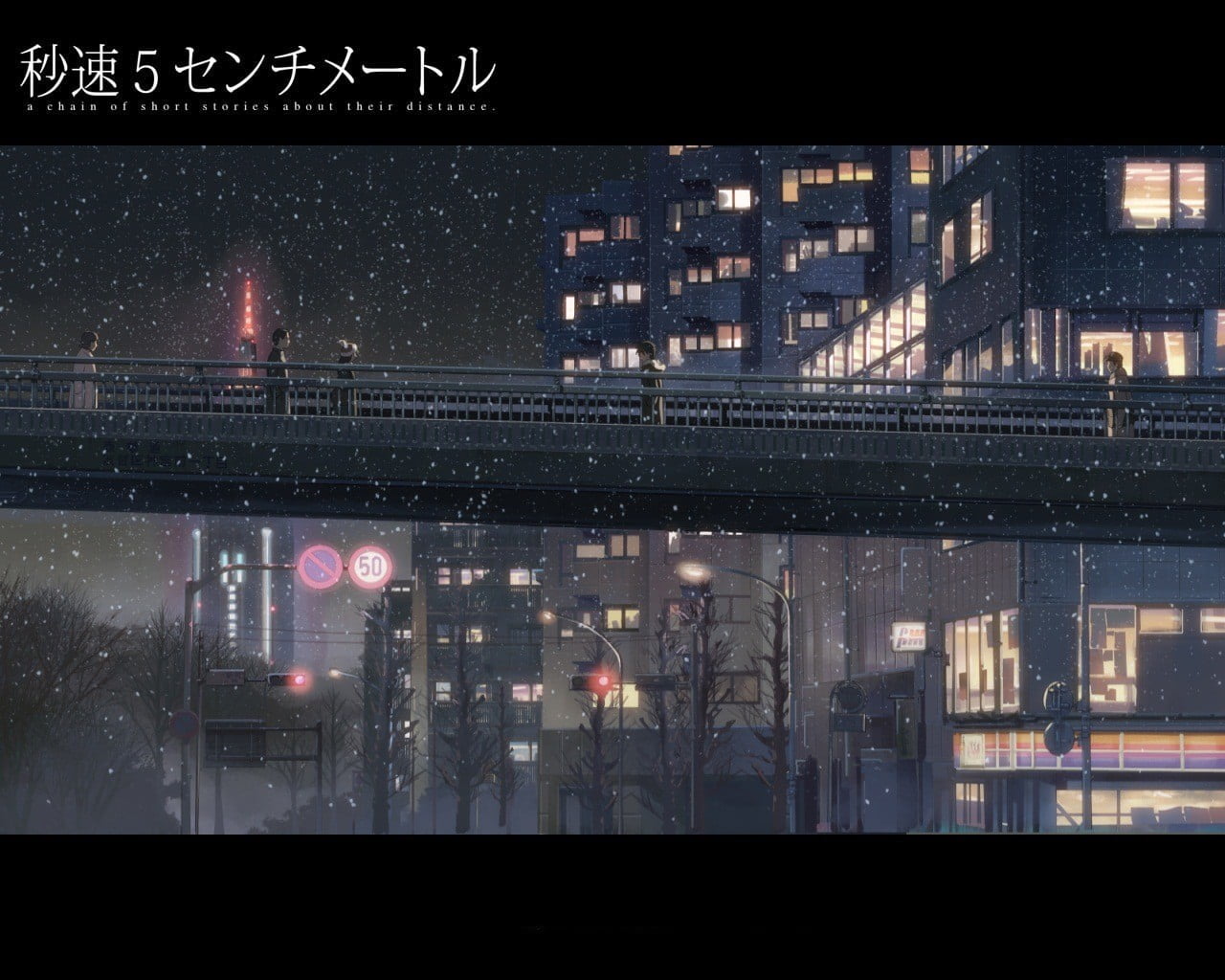 Gray Buildings With Text Overlay Makoto Shinkai 5 Centimeters Per Second Snow City Hd Wallpaper Wallpaper Flare
