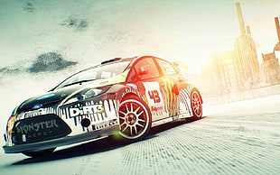 grey, white, and black Ford Fiesta rally car illustration