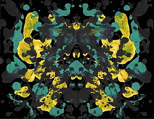 yellow and teal abstract painting, Rorschach test, ink, paint splatter, symmetry HD wallpaper