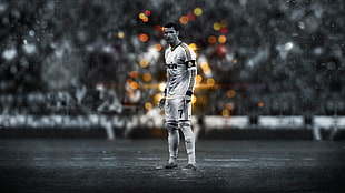 grayscale photo of soccer player, Cristiano Ronaldo, selective coloring, digital art, soccer