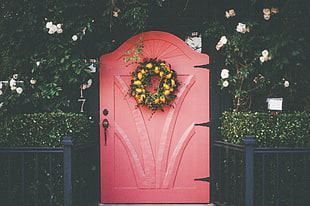 red wooden door, Wreath, Door, Decoration