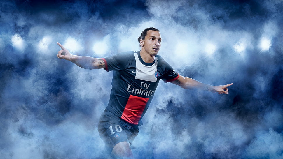 soccer player wearing black and red Fly Emirates jersey shirt, Zlatan Ibrahimovic, men, soccer, sport  HD wallpaper