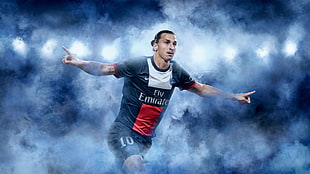 soccer player wearing black and red Fly Emirates jersey shirt, Zlatan Ibrahimovic, men, soccer, sport 