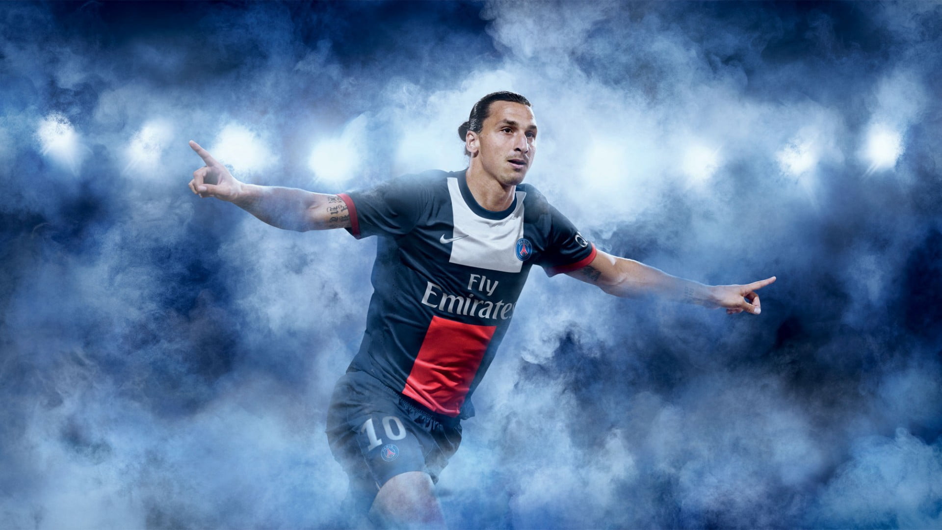 soccer player wearing black and red Fly Emirates jersey shirt, Zlatan Ibrahimovic, men, soccer, sport 