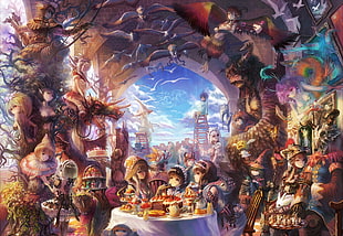 painting of assorted characters in dining hall HD wallpaper