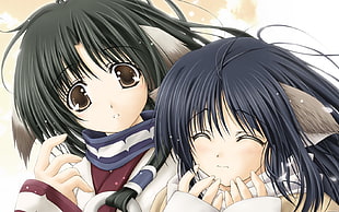 two female anime characters wearing white coats