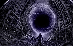 black hole illustration, Romantically Apocalyptic , black holes, Vitaly S Alexius, skyscraper HD wallpaper