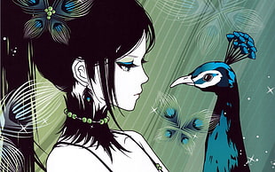 woman with black hair in front of blue peacock digital wallpaper