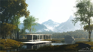 white wooden dock, lake, mountains, trees, 3D