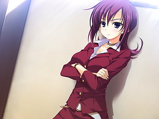 girl in purple hair and red button-up dress animated digital wallpaper