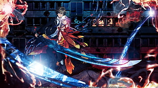 black haired man in black suit jacket holding sword with white haired girl in red overall suit anime character illustration