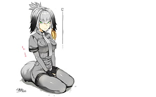 white and black corded device, boobs, white  background, gray hair, anthropomorphism
