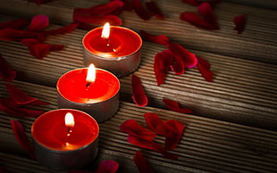three lighted red tealight candles surrounded by red petals