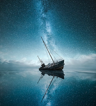 black and brown fishing vessel on body of water, space, universe, stars, Milky Way HD wallpaper