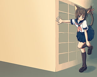 female in blue and white uniform anime character 3D digital wallpaper
