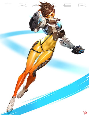 Tracer female character holding gun wallpaper