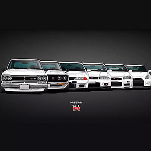 six white Nissan GTR vehicle illustration, Nissan, skyline, GT-R, car